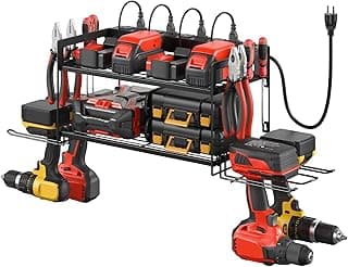 CCCEI Garage Tools Storage with Charging Station. Power Tool Battery Organizer Utility Shelf with Power Strip. 4 Drills Holder Wall Mount Rack, Black.