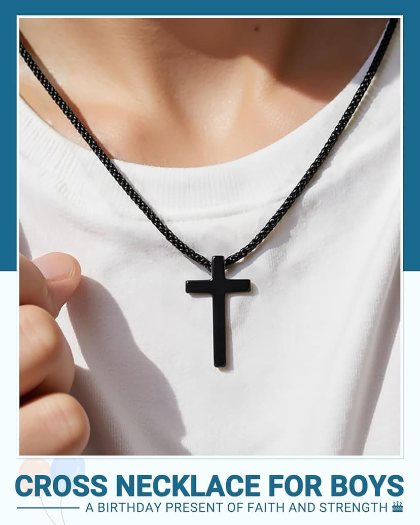 Happy Birthday Gifts for Boys 8-18 Years Old, Black Cross Necklace with Bible Verse Joshua 1:9 for Son, Grandson, Nephew, Friend