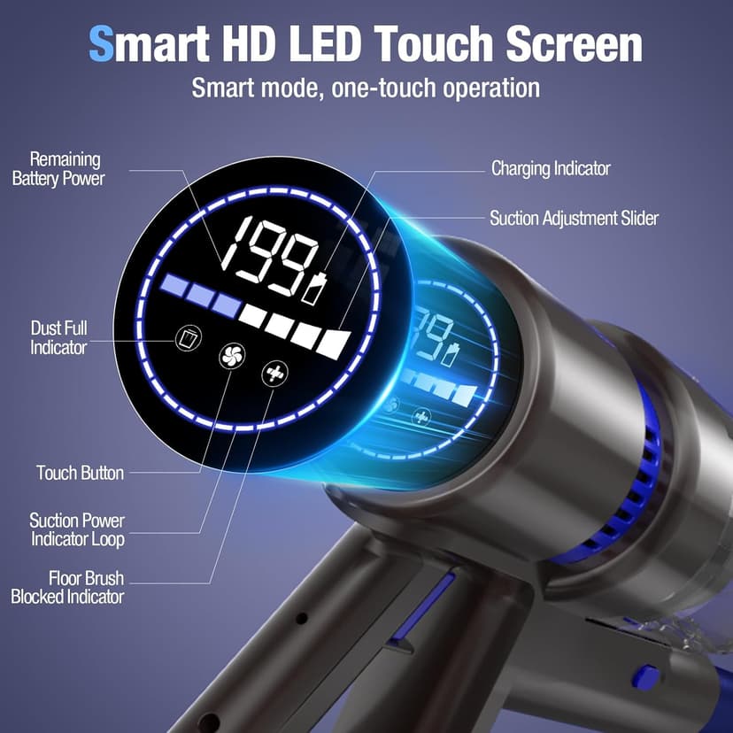 Cordless Vacuum Cleaner, 550W 45KPA 50Min Vacuum Cleaners for Home, Self-Standing Stick Vacuum with Touch Screen, 3 Power Modes, Rechargeable Battery, Handheld Vacuum for Pet Hair Carpet Floor