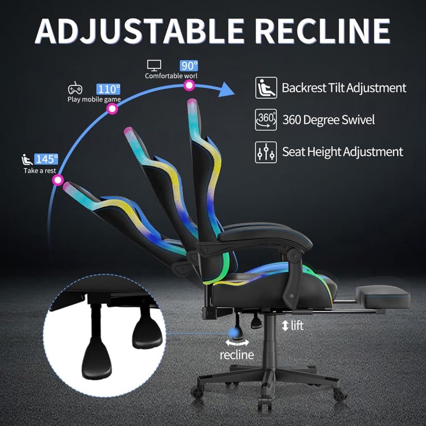 Gaming Chairs for Adults Tall and Kids，Lumbar Support,LED Lights，High Back Reclining Computer Chair with Headrest (Black+Blue)