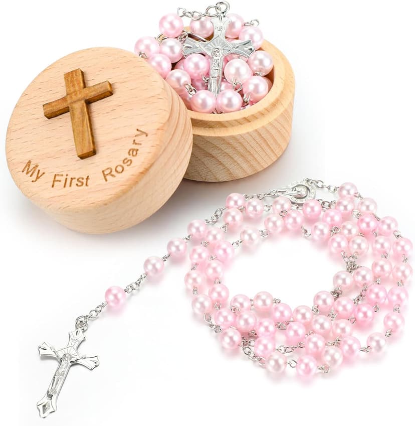 Baptism Gifts for Girls Boys Rosary Catholic My First Rosary and Keepsake Box for Baby Shower Holy First Communion Christian Beads Gifting Set(Pink)