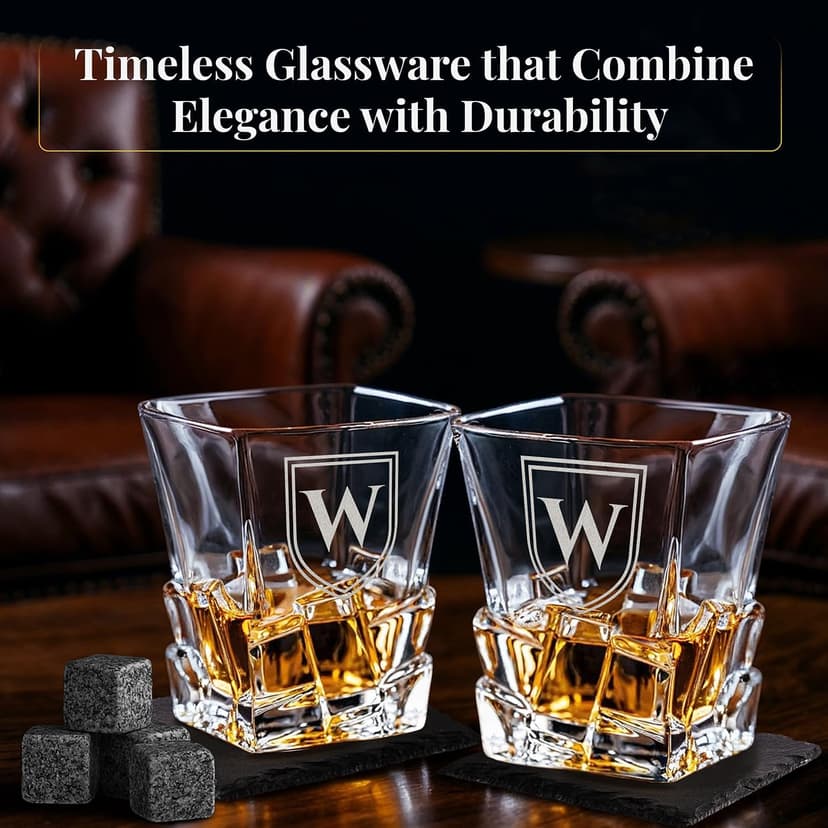 shop4ever Custom Engraved Monogram Year, Chunky Heavy Liquor/Bourbon Decanter with Glasses, Whiskey Stones, Coasters & Tongs, Premium Whiskey Gift Set for Men, Husband, Dad