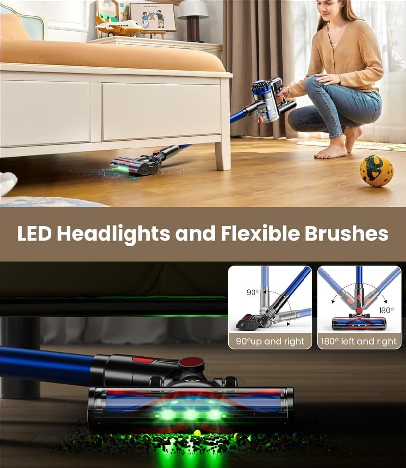 Cordless Vacuum Cleaner, 500W/40Kpa Vacuum Cleaners for Home, 60Mins Stick Vacuum with LED Display, Anti-Tangle & Wall Mount Charging, 8 in 1 Lightweight Vacuum for Hard Floors Carpet Pet Hair