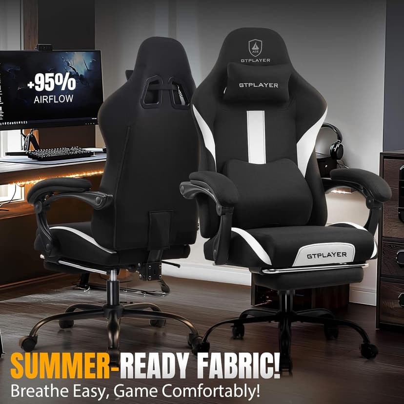 GTRACING Gaming Chair Ergonomic Office Chair with Foot Rest & Pocket Spring Cushion, Breathable Fabric Computer Chair with Headrest & Lumbar Support, High Back Game Chair for Adults, Coal-Black