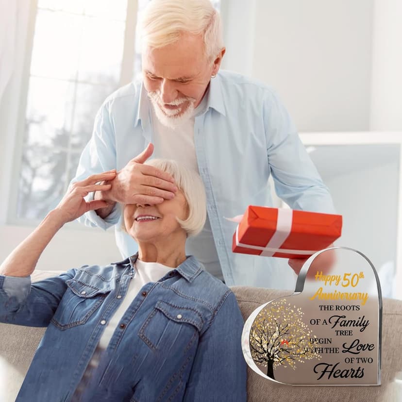 50th Anniversary Wedding Gifts for Couple Parents, Acrylic Heart Cake Topper Decorations, 50 Year Anniversary Presents Gifts Idea for Her Him