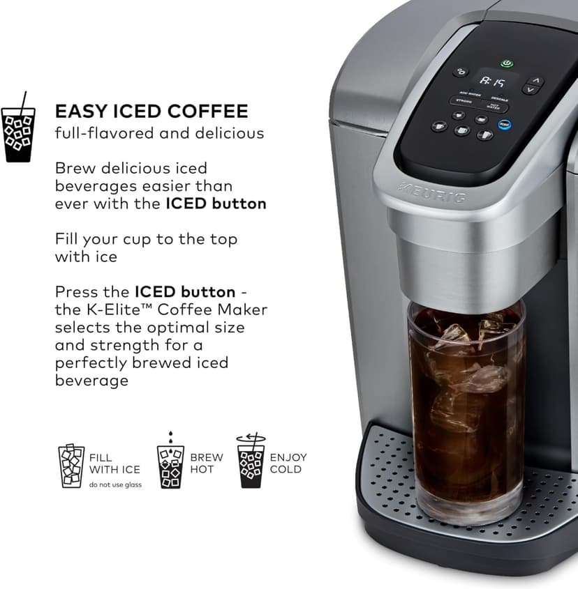 Keurig K-Elite Single Serve K-Cup Pod Coffee Maker, with Strength and Temperature Control, Iced Coffee Capability, 8 to 12oz Brew Size, Programmable, Brushed Silver