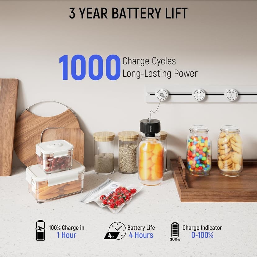 Upgraded 3-in-1 Electric Mason Jar Vacuum Sealer Kit for Jars, Bags, Food Savers & Containers | Auto-Stop Jar Sealer with 4-Hours Battery Life & One-Handed Operation for Dry Foods, Jams & Leftovers​