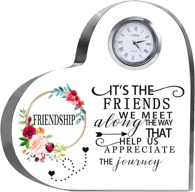 Movdyka Friendship Gifts for Women Friends Crystal Heart 5.9Inch Large Flower Glass with Clock Unique Best Gifts for Women Her Friend Plaque Birthday Gift Idea for Friend Female Presents