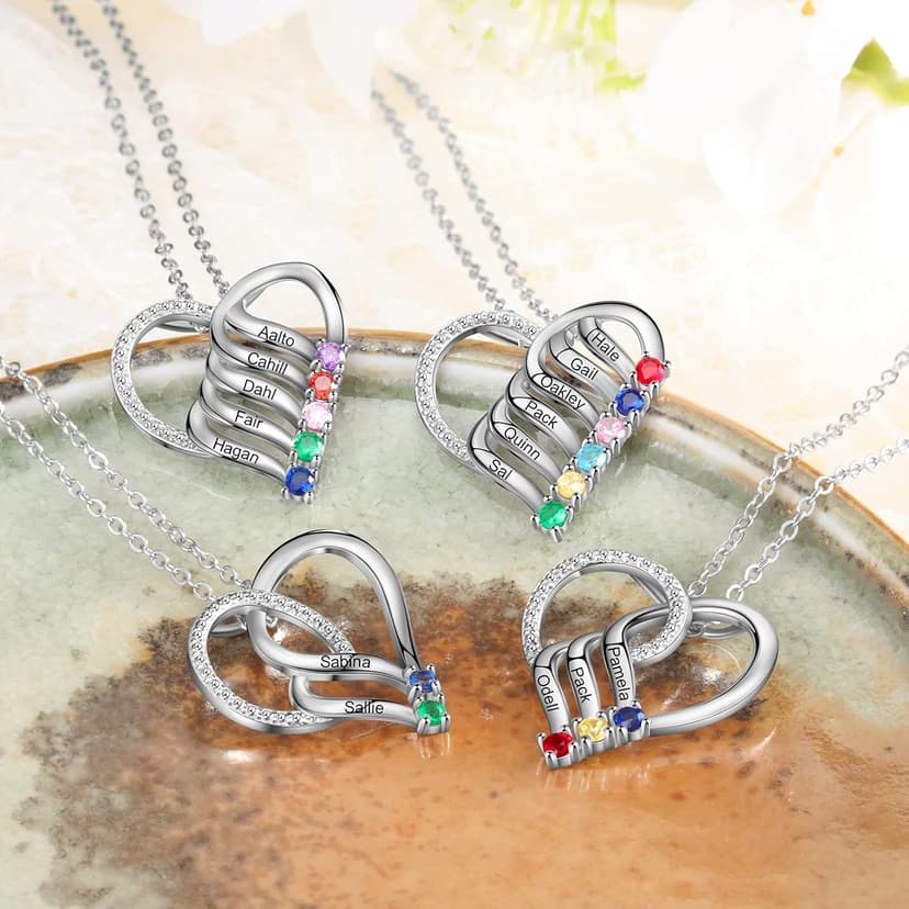 Jeweidea Personalized Heart Necklace with 2-6 Simulated Birthstones Custom Name Mother Daughter Chain Pendant for Women Mom Birthday
