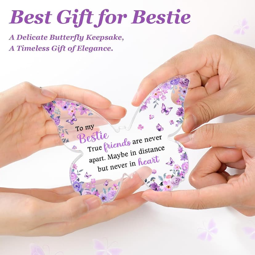 Bestie Best Friend Friendship Gifts for Women, Unique Purple Butterfly Acrylic Plaque Desk Decor, Bestie Best Friend Birthday Gifts for Women Friendship for Bff Bestfriend, 5 x 3.8 x 0.5 inches