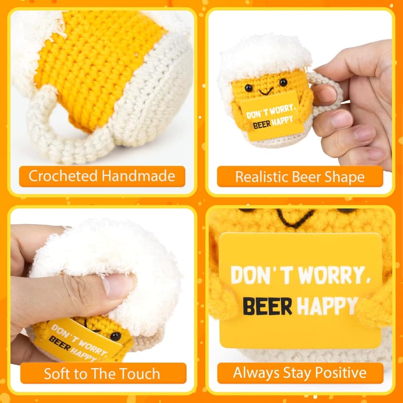 A AIFAMYFunny Positive Coffee, Emotional Crochet Doll, Cute Crochet Potato Partner Toy with Positive Card Cheer Up Funny Gag Gifts for Best Friend Birthday Women Teacher Fall（Beer