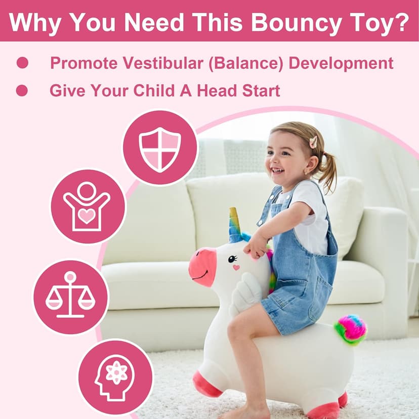 iPlay, iLearn Bouncy Pals Hopping Unicorn Horse, Toddler Girl Inflatable Bouncing Animal Hopper Toy, Outdoor Indoor Plush Ride on Bouncer, Baby Birthday Gift 18 Month 2 3 4 Year Old Kid - Unicorn
