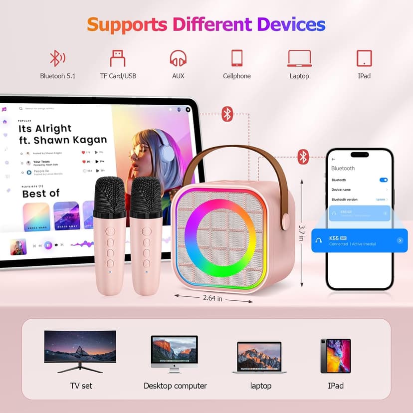 Mini Karaoke Machine with 2 Wireless Microphone, Portable Pink Bluetooth Speaker for Kids Adult, Birthday Teen Toys Gifts Ideas for Girls Ages 4 5 6 7 8 9 10 11 12+ Year Old, Family Home Party