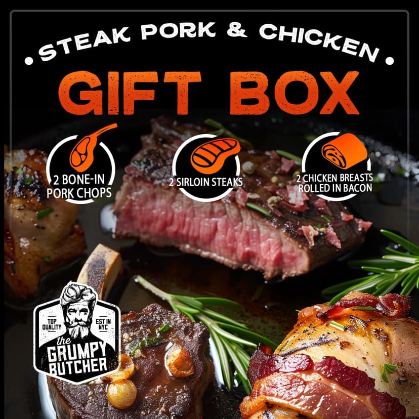 Grumpy Butcher Box Meat Food Gifts – Includes 2 Top Sirloin Steaks (6 oz), 2 Duroc Bone-In Pork Steaks (14 oz) & 2 Large Fully-Cooked Chicken Breasts – Lean Steak & Premium Meat Gift Box