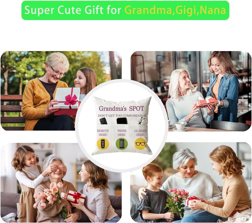 ONFAON Grandma Gifts, Grandma's Spot Throw Pillow Covers 18x18 Inch,Put Phone Glasses and Remote Control Pillowcase,Birthday Christmas hanksgiving Day Gifts for Grandma Mom,3-Pocket
