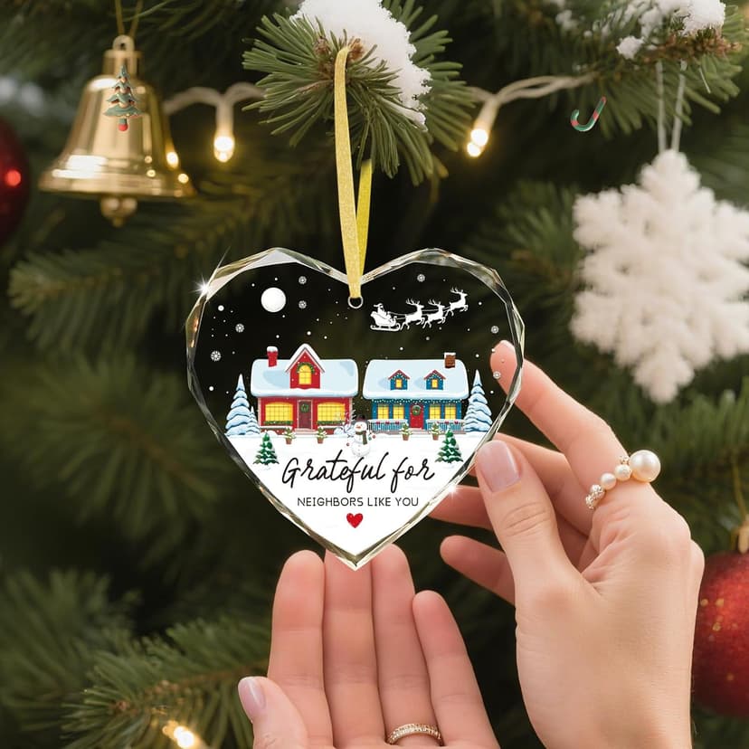 FaCraft Neighbor Gifts Christmas Ornaments 2025 - Xmas Birthday Good Gifts for Neighbors Best Friends Women Men The Neighbors Favor Grateful Heart Shaped Glass Ornament for Christmas Tree Decorations