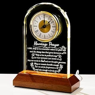 Glass Clock Wedding Gifts for Couples 2025 with Wooden Light Base, Happy Anniversary Marriage Prayer Gift with Inspiring Quotes, Unique Newlywed Mr and Mrs Gifts, Engagement Presents for Home