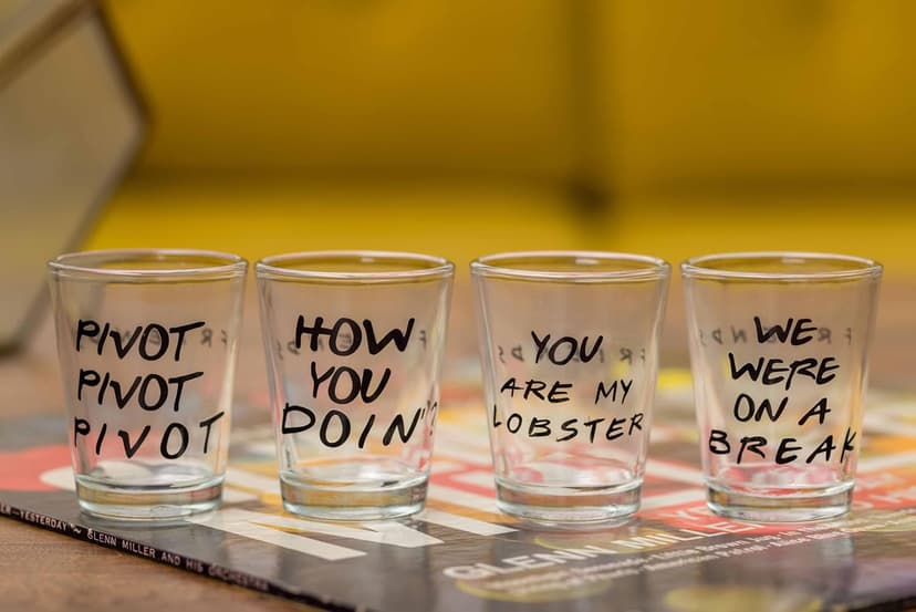 Silver Buffalo Friends Iconic Quotes "You're My Lobster," "How You Doin'" "Pivot," and "We Were On A Break!" 4 Pack Mini Glasses, 1.5 Ounces