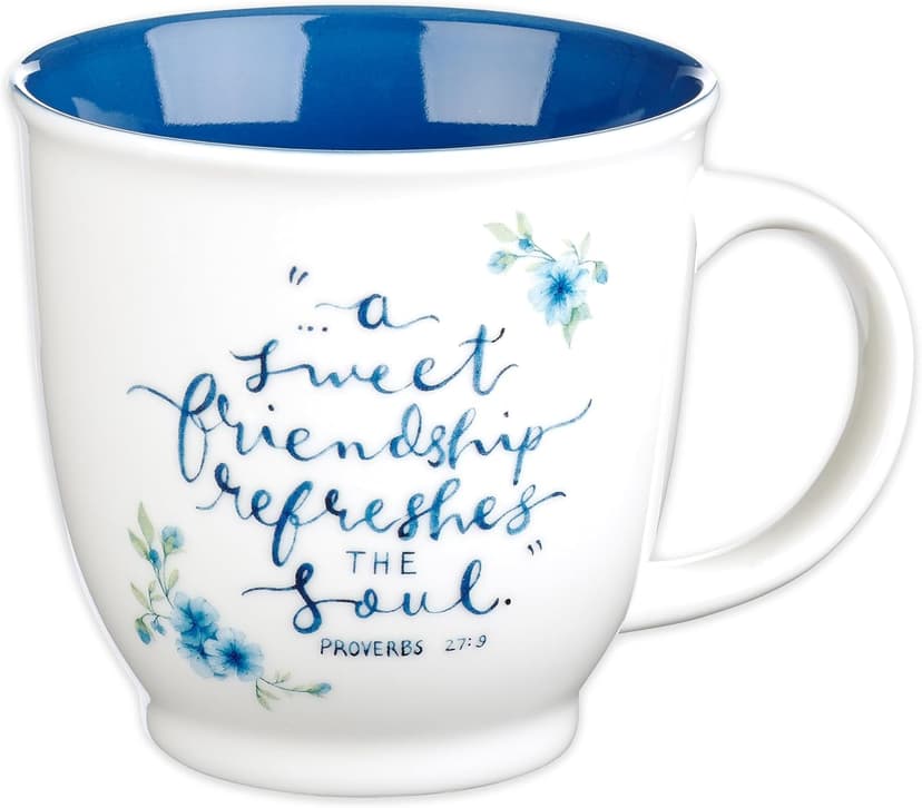 Christian Art Gifts Blue Floral Ceramic Coffee Mug – 14 oz. Microwave and Dishwasher-safe Inspirational Scripture Coffee and Tea Mug for Friends with Bible Verse: A Sweet Friendship – Proverbs 27:9