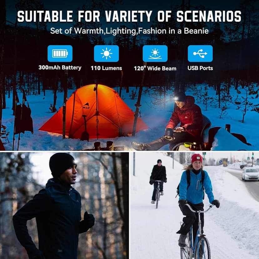 Christmas Stocking Stuffers for Men Adults, Beanie Hats with Light, USB Rechargeable LED Hand Free Headlamp, Birthday Gifts for Men, Women, and Teens, Ideal for Camping, Hiking, Black