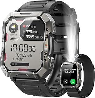 Military Smart Watch for Men (Answer/Make Calls), 2.01'' Smart Watch for Android and iPhone, Fitness Tracker with Flashlight/Compass/100 Days Battery/Heart Rate/Sleep/100+ Sport Modes(2 Straps)