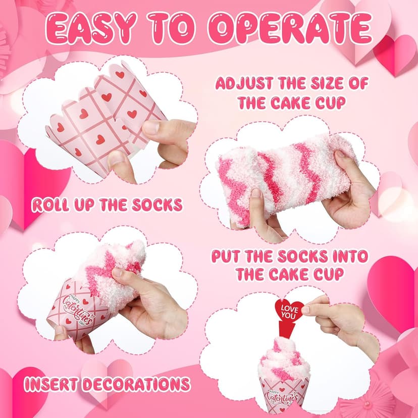 Ramede 12 Set Valentine's Day Cupcake Socks for Women Pink Fuzzy Fluffy Socks Galentine's Day Present for DIY Valentines Birthday Friendship Gift