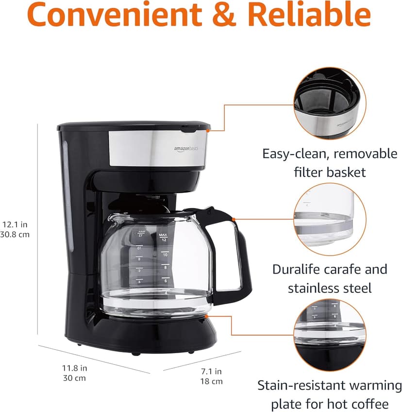 Amazon Basics Coffee Makers, 12-Cup Coffee Machines with Reusable Filter, Coffee Pots, Black & Stainless Steel