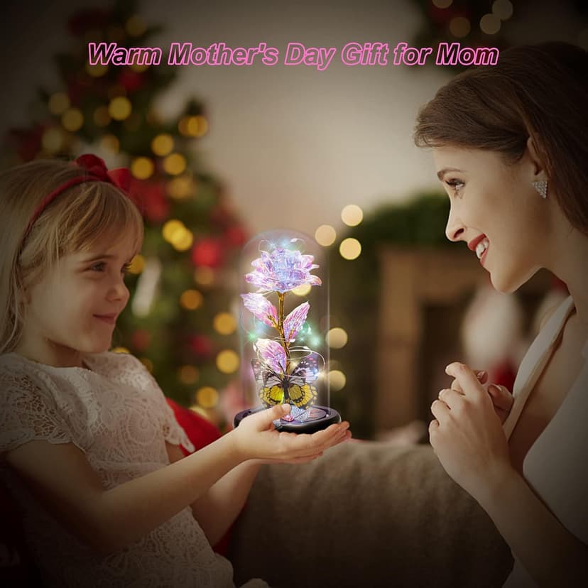 Birthday Gifts for Women Mom, Galaxy Glass Rose Forever Eternal Crystal Flower Light Up Rose in Glass Dome with Butterfly Mothers Day Christmas Rose Gifts for Her Wife Daughter Friends Colorful
