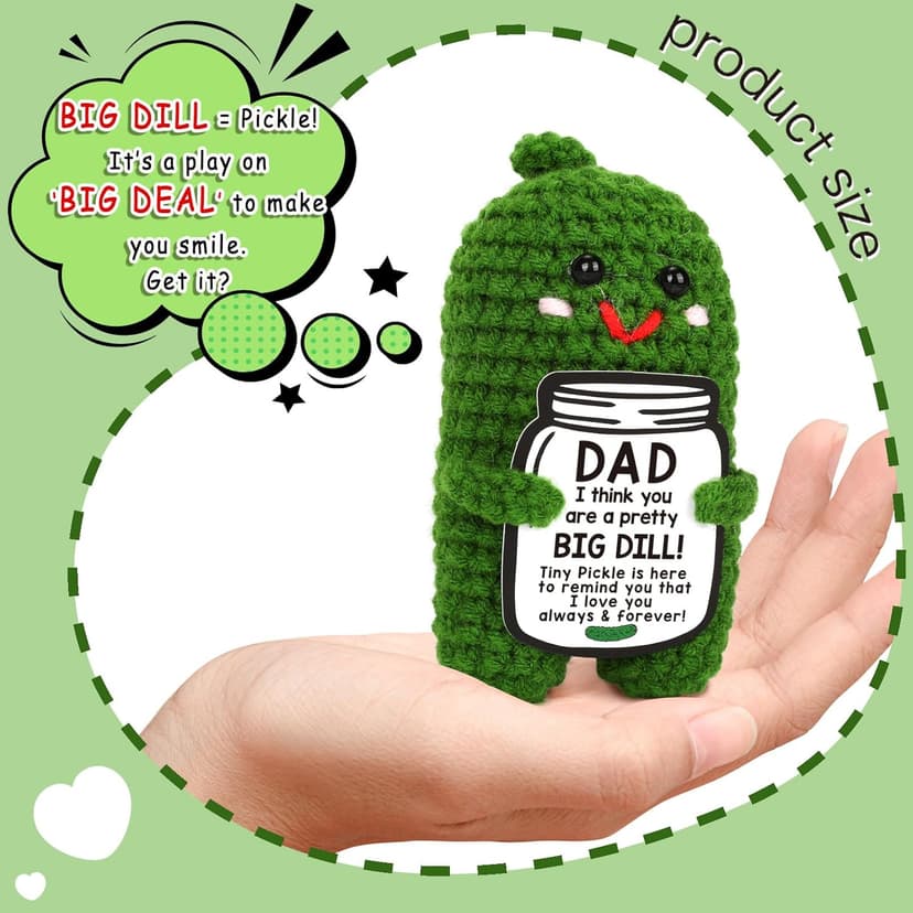 Fathers Day Gifts from Daughter or Son - Funny Crochet Pickle Plush with Big Dill Card - Unique Handmade Gift for Dad, Birthday, Christmas, New Dad Present
