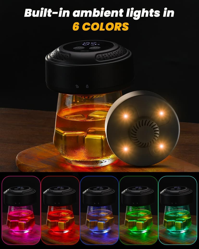 Electric Whiskey Smoker Kit, CHERRYQUEEN Old Fashioned Smoker Kit, Built-in Lighter & Ambient Light, 4 Reusable Ice Cubes 6 Wood Chips, Gifts for Men Dad Husband Whiskey Lovers (Birthday/Christmas)