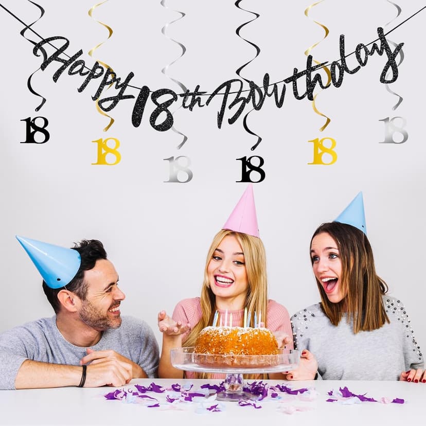 18th Birthday Decorations for Boys Swirls Streamers Set, Hanging Vortex Happy 18th Birthday Banner for Girls, Black and Gold 18 Birthday Decor Party Bunting