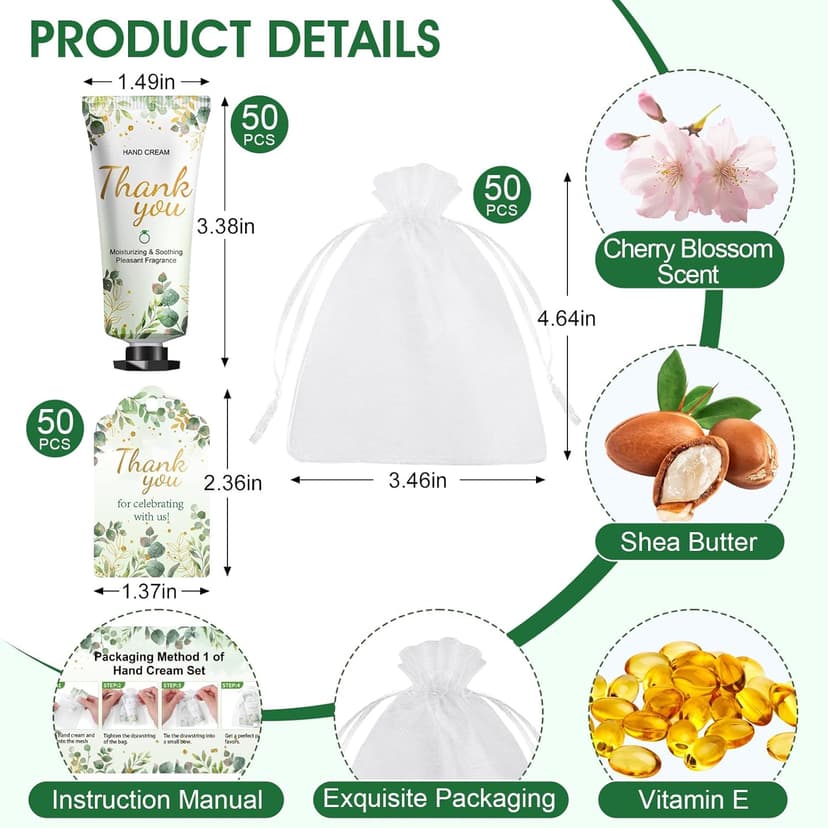 50 Pack Bulk Hand Cream Gifts Sets, Wedding Party Favors, Bridal Shower Gifts and Baby Shower Party Favors for Guests with Organza Bag and Thank You Card, Bulk Thank You Gifts for Women(Eucalyptus)