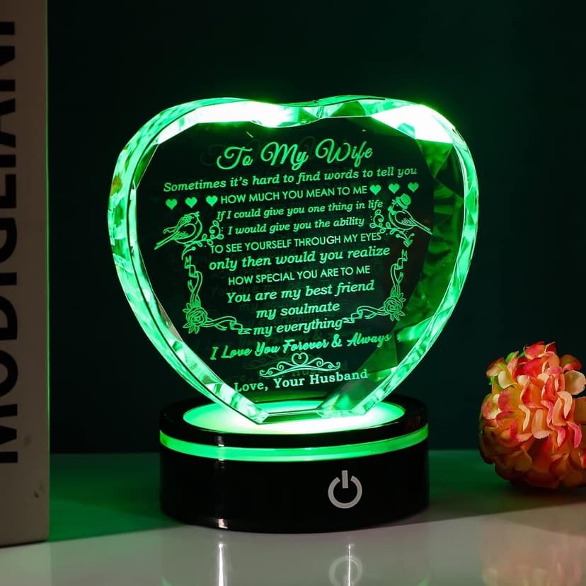 YWHL Gifts for Wife with Colorful LED Base Romantic Wedding Anniversary I Love You Gifts for Her Best Wife Birthday Gift Ideas to My Wife Crystal Keepsakes Presents from Husband