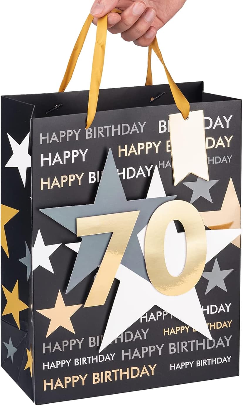 Loveinside Birthday Gift Bag with Tissue Paper and Greeting Card for 70 Birthday - 10" x 5" x 13", 1 Pcs, Black Gold