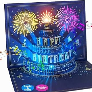 UPGRADED 3D Pop Up Firework Birthday Cards, Musical LED Lights Birthday Cards with Blowable Birthday Cake, Greeting Cards, Birthday Gifts for Mom Women Men Kids Child Dad Father Wife