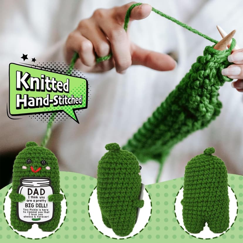 Fathers Day Gifts from Daughter or Son - Funny Crochet Pickle Plush with Big Dill Card - Unique Handmade Gift for Dad, Birthday, Christmas, New Dad Present