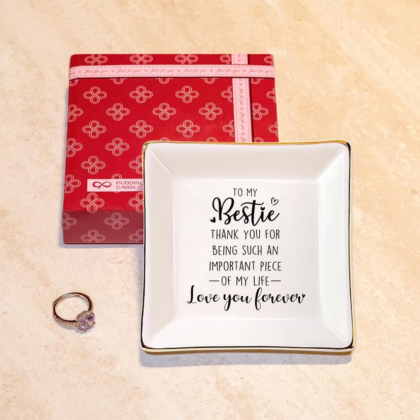 PUDDING CABIN Bestie Gifts for Women Thank you for being such an important piece of my life Ceramic Jewelry Dish for Rings Earrings, Friend Birthday Gifts for Women Female Bff Soul Sister Work Bestie