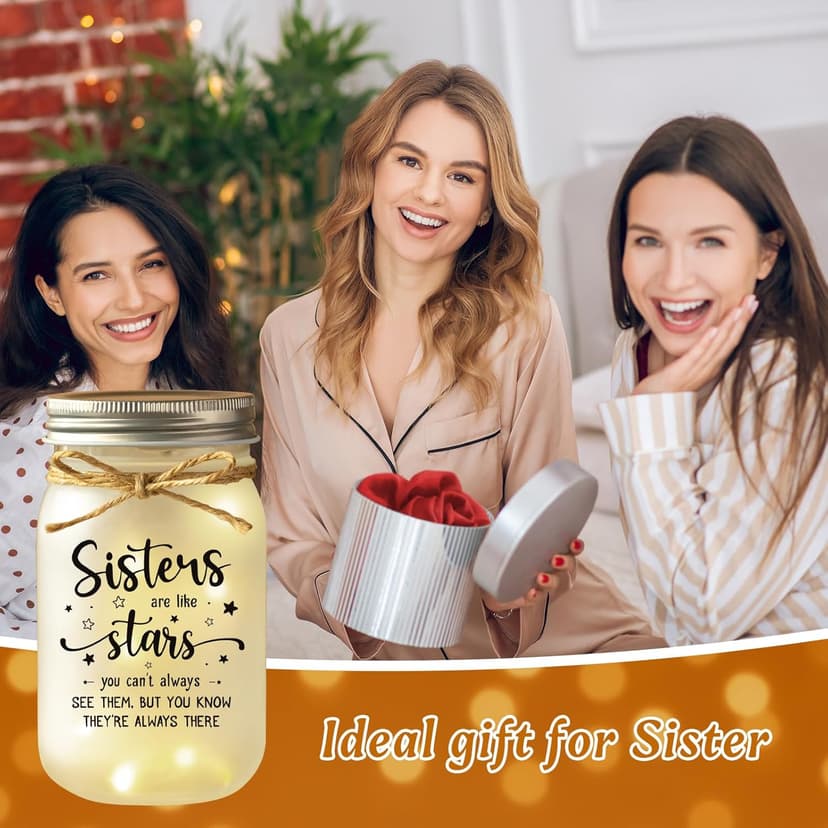 Mason Jar Night Light Gifts for Sister, Sister Birthday Gifts, Sisters Gift for Women, Soul Sister, Best Friend, Long Distance Night Light Gift for Mothers Day Christmas