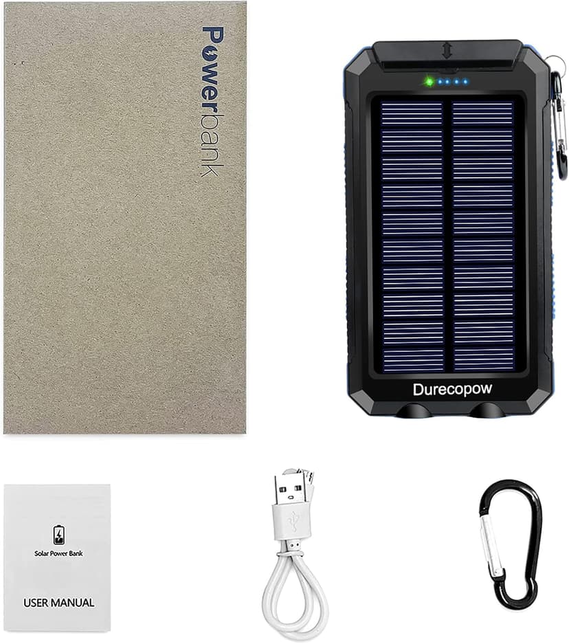 Solar Charger Power Bank, 20000mAh Portable Outdoor Waterproof Solar Battery Charger, Camping External Backup Battery Pack USB C Ports Input/Output, 2 Led Light Flashlight with Compass (Blue)
