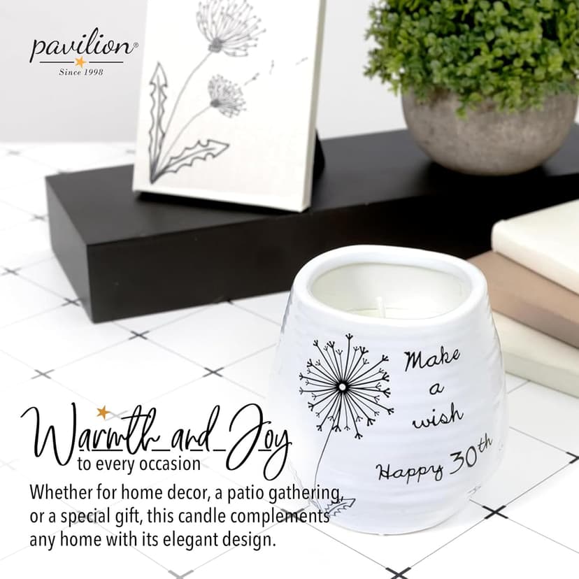 Pavilion - 8 Oz Candle Holder - White Ceramic Candle Jar with 100% Soy Wax Candle Serenity Scent "Make a wish Happy 30th" Ideal Gift for Loved Ones - Printed Text, Love Theme & Oval Shape