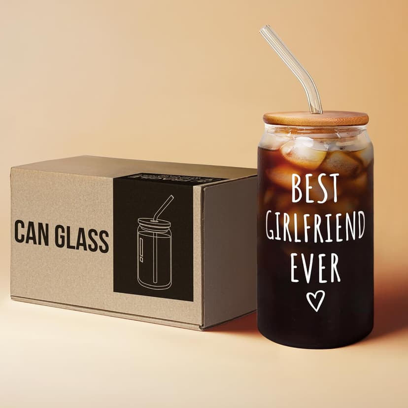 Gifts for Girlfriend - Girlfriend Gifts for Women - Anniversary, Valentines, Birthday Cup for Her - Romantic Love Glass for Her - 16 Oz Can Glass with Lid, Straw & Brush