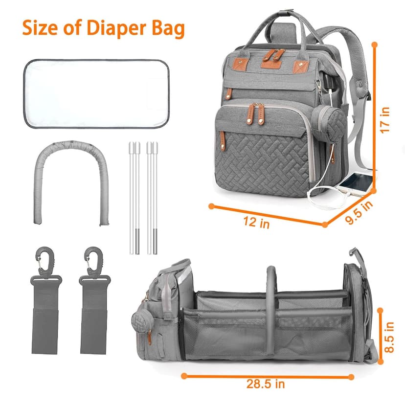 Baby Diaper Bags with Changing Station, Waterproof Diaper Bag Backpack for Moms Dads with USB Charging Port, Baby Shower Gifts, Large Capacity diaper backpack, Grey