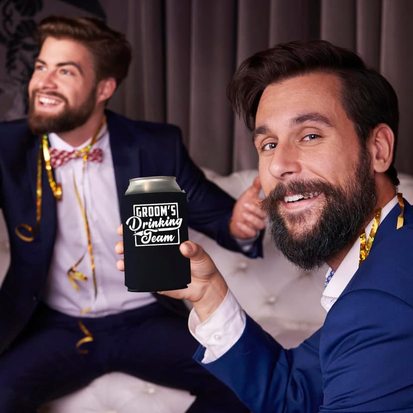 Veracco Groom's Drinking Team Can Coolie Holder Bachelor Party Wedding Favors Gift For Groomsmen Proposal (12, Wht Groom, Blk DT)
