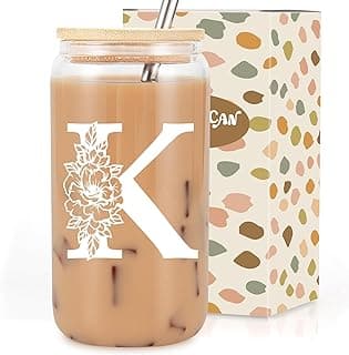 Coolife Initial Glass Cup, Monogrammed Gifts for Women, 16 oz Glass Cups w/Lids Straws, Iced Coffee Smoothie Beer Tumbler w/Straw Lid - Personalized Christmas, Birthday Gifts for Her Mom Friend Woman