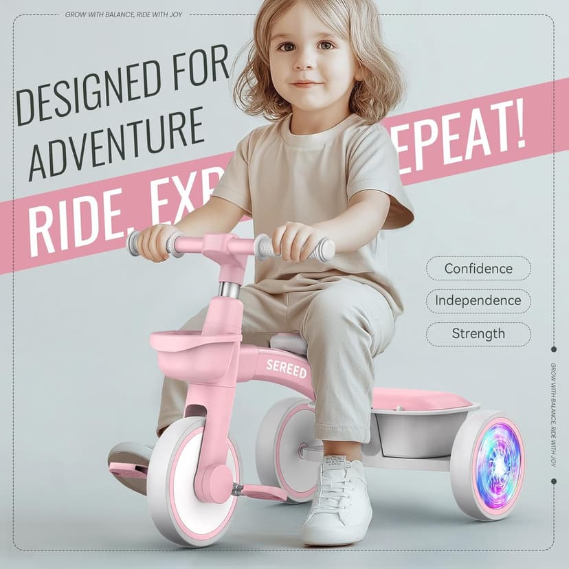 SEREED Colorful Lighting Toddler Tricycle for 2-5 Years Old Girls, Adjustable Seat&Handlebar Trike, Removable Basket, Birthday Gift Idea for Kids Ages 2+ (Pink)