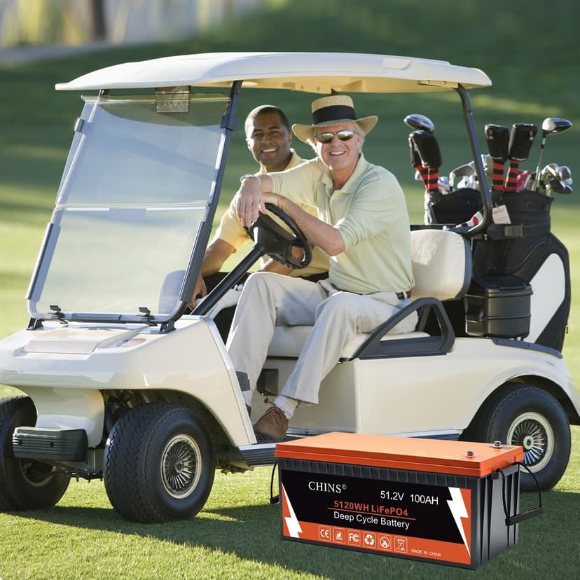 CHINS 48V Lithium Golf Cart Battery, 48 Volt 100Ah LiFePO4 Battery, Built-in Bluetooth 200A BMS, Includes 48V 18A Charger, Monitor, Perfect for Golf Carts