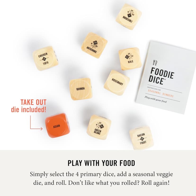 Two Tumbleweeds Foodie Dice - New Edition: Set of 9 Dice to Inspire Creative, Seasonal Meals with Take Out Die - Unique Cooking Gift