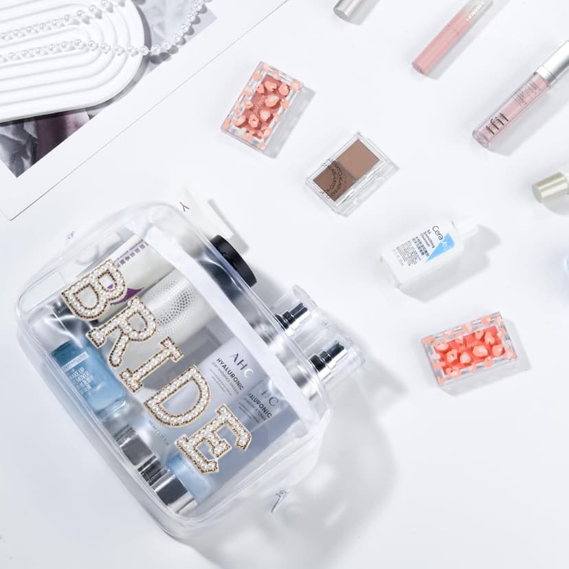 Etercycle Bride Clear Makeup Bag, Bridal Shower Gifts Engagement Cosmetic Bag, Bling Pearl Rhinestone Letter Patches Waterproof PVC Travel Organizer for Women Wedding Bachelorette Party (Gold)