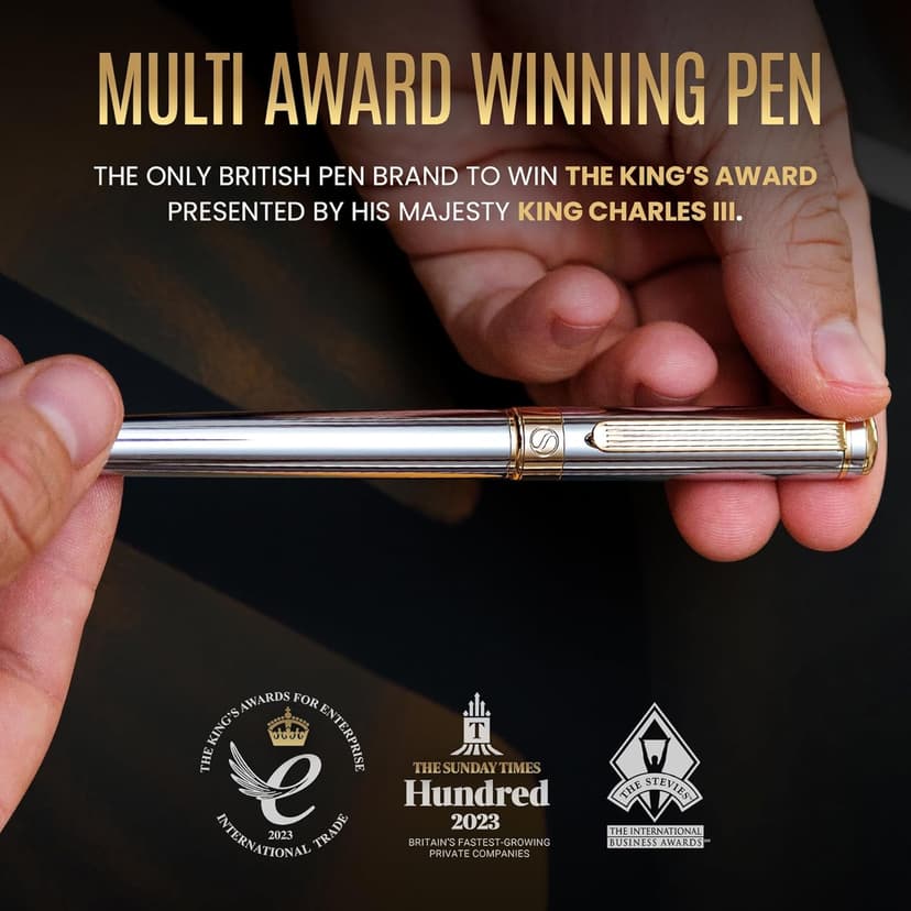 Scriveiner Silver Chrome Rollerball Pen - Stunning Luxury Pen, Real Gold Plating, Schmidt Ink Refill, Best Roller Ball Pen Gift Set for Men & Women, Professional, Executive Office, Fancy Pens