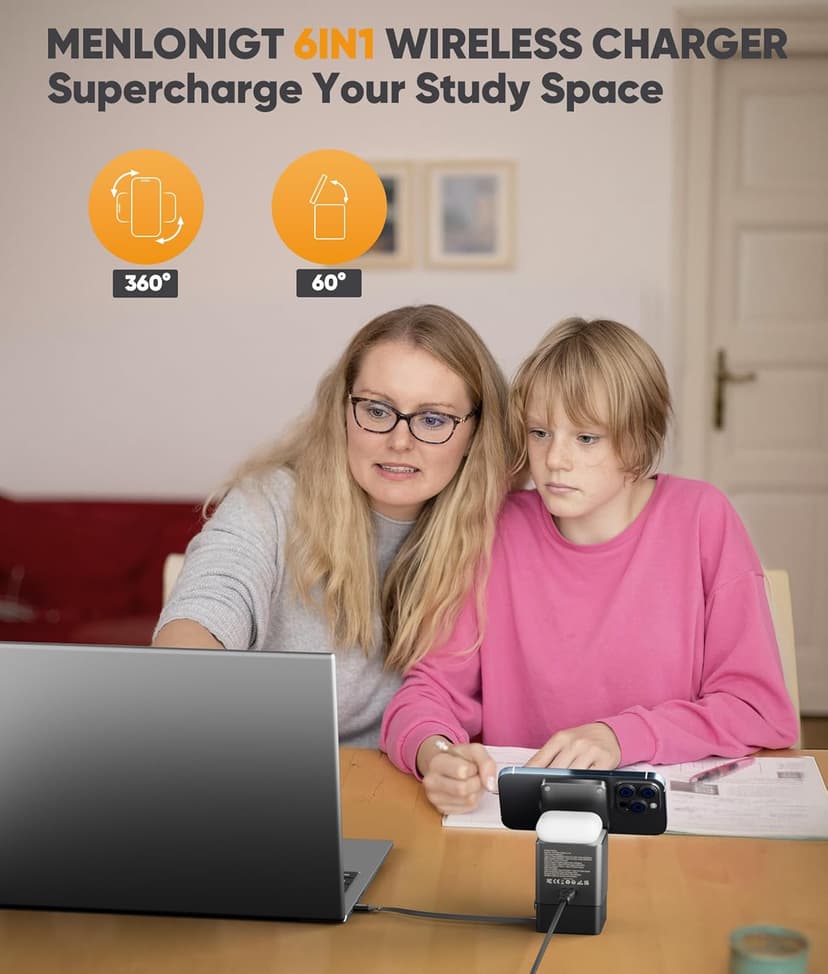 6-in-1 Charging Station,105W GaN Retractable Charger with Magnetic Pad – MagSafe Compatible, USB-C Fast Charging for iPhone, AirPods, MacBook, Apple Watch, and Other Phones, Tablets, Laptops